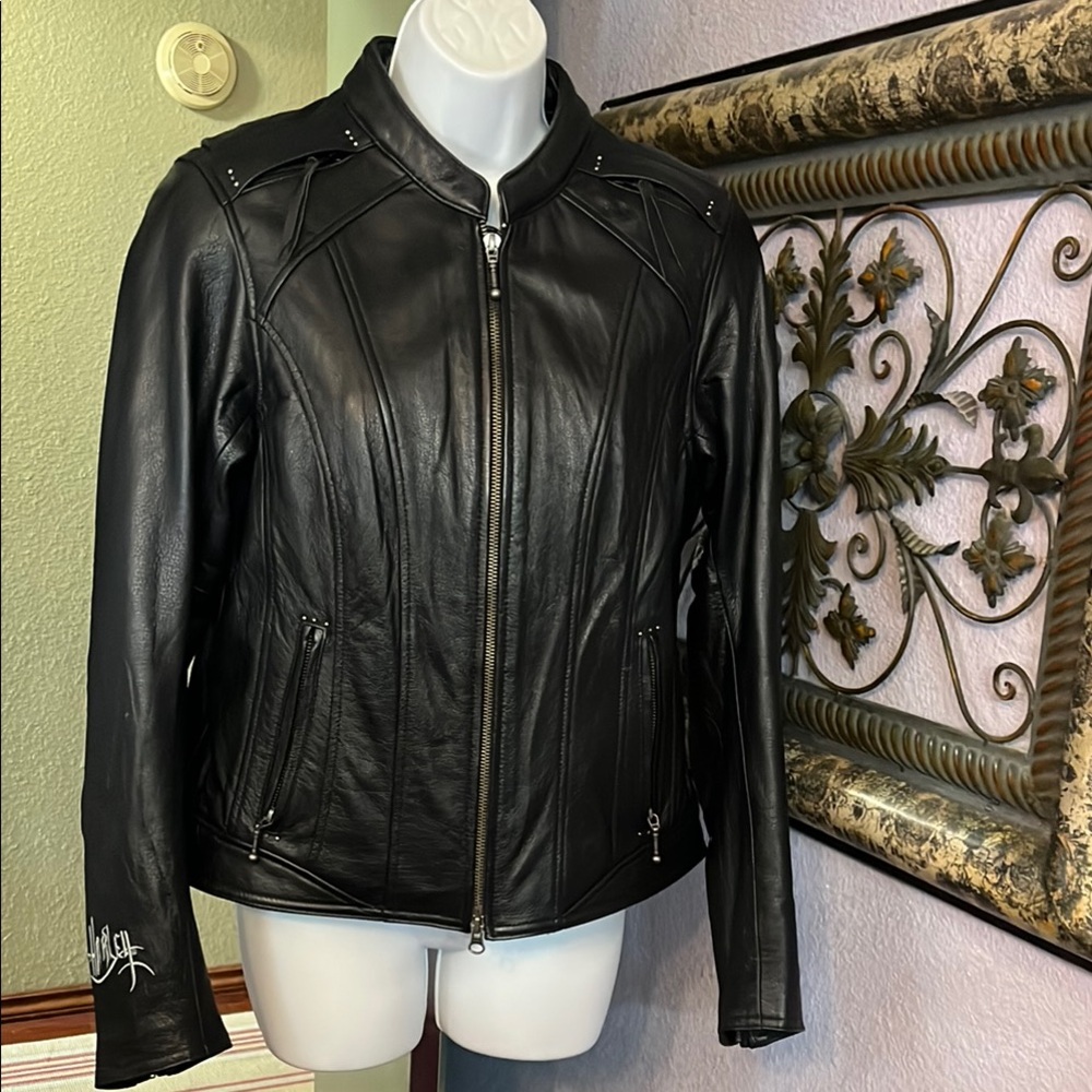🎉HP🎉EUC Harley-Davidson Black Metallic Studded Leather Jacket- pockets/zips Sz M - Picture 6 of 13